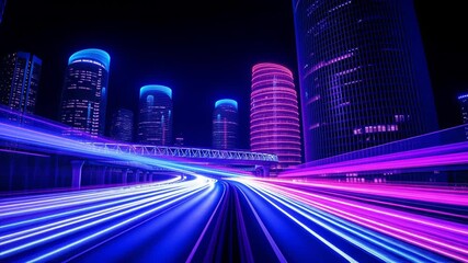 Dynamic urban highway at night with vibrant blue and magenta light trails. Modern illuminated skyscrapers define the futuristic cityscape. Camera pans and tilts across the scene. - Powered by Adobe