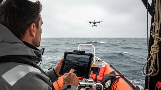 Man piloting drone from boat on the ocean using tablet device.