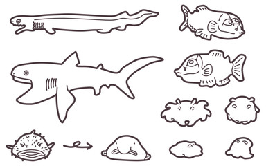 シンプルにデフォルメしたメンダコやサメなどの深海生物イラストセット