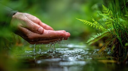 A hand gently holds water in a lush green environment, surrounded by ferns and reflecting nature's tranquility.