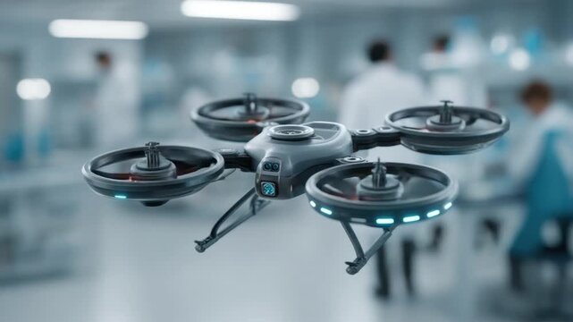 Modern Industrial Drone Flying in a High-Tech Laboratory Environment with Researchers in Background 4k video footage