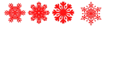 Red and white snowflakes arranged in two rows for winter holiday designs on transparent background