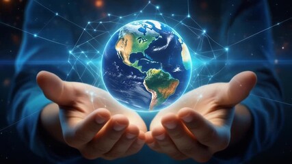 Hands holding glowing Earth, symbolizing care and protection, with bright futuristic background and cosmic light.