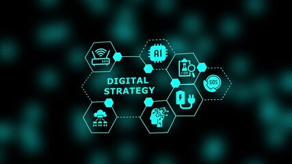 A digital-strategy visualization with interconnected tech icons showing planning, analytics, innovation, and intelligent decision-making systems.