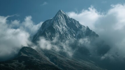 A mountain covered in snow and clouds. The clouds are white and fluffy, and the mountain is tall and majestic. Concept of awe and wonder at the beauty of nature