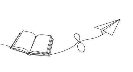 Open book transforming into a paper airplane with a continuous line drawing symbolizing imagination and the journey of knowledge