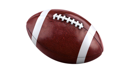 A realistic american football with white laces and stripes on a white background