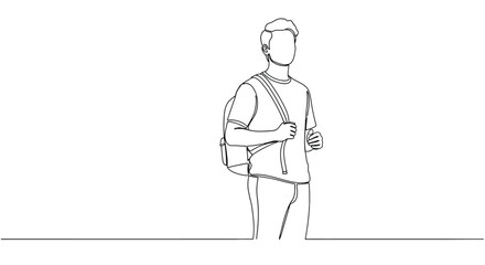 Minimalist continuous line drawing of a young man with a backpack standing against a white background ready for adventure