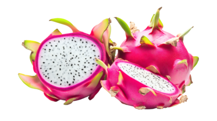 Pitaya isolated set. Collection of ripe dragon fruit or pitahaya, half and slice of the fruit on a white background.