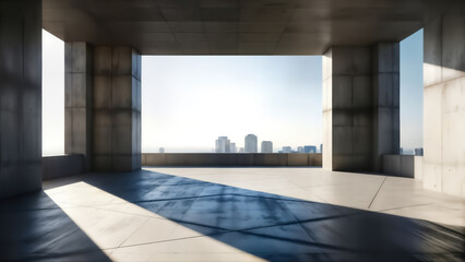 Naklejka premium Empty modern concrete balcony or terrace overlooking a bright cityscape skyline with strong sunlight casting dramatic shadows across the floor