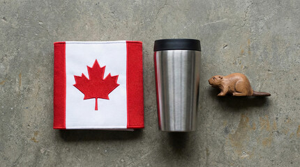 Flatlay of Canada flag, metal mug, and beaver decoration on a stone surface