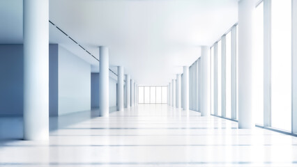 Obraz premium Bright and modern minimalist interior hallway with tall white columns and large windows creating a sense of depth and spaciousness in an architectural setting