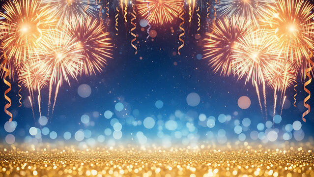 Sparkling fireworks display over a glittering golden ground