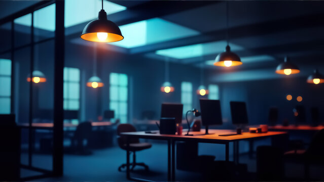 Dimly lit modern office interior at night with glowing pendant lights illuminating empty desks and computer monitors, creating a moody, latenight work atmosphere