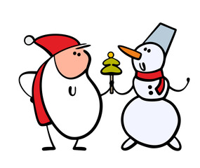 Two friends celebrate Christmas and New Year. Vector illustration of a snowman and Santa Claus holding hands and having fun with a Christmas tree. Isolated character on white background.