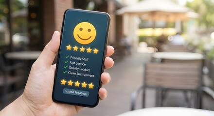 Delighted customer submits five-star review on mobile phone at charming outdoor cafe, praising friendly staff and fast service, a testament to quality and cleanliness