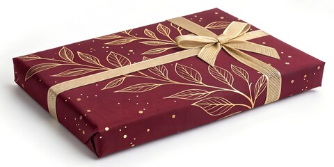 Elegant holiday gift beautifully wrapped in burgundy paper with gold botanical design and ribbon for festive celebrations
