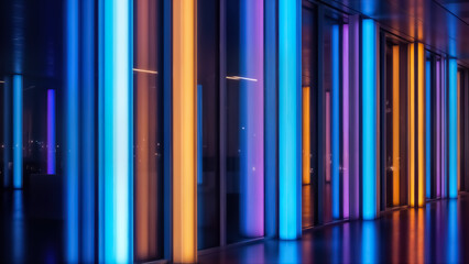 Obraz premium Modern architectural facade illuminated by vertical neon light tubes in vibrant shades of blue, purple, and orange creating a futuristic and dynamic nighttime urban scene