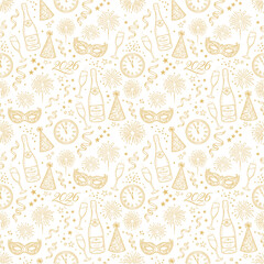 Elegant Golden New Year 2026 Line Art Pattern with Fireworks, Champagne, Masks and Festive Elements