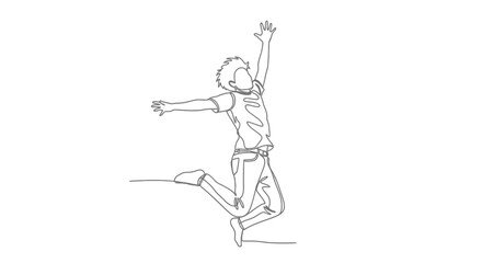 Energetic young boy in casual clothes jumping with arms outstretched in a continuous line drawing style