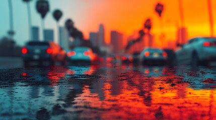 A vibrant sunset reflects on wet streets, with cars and palm trees creating an urban atmosphere.