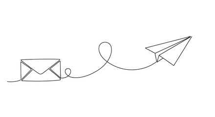 Minimalist single line drawing of a paper airplane in flight leaving a trail from an envelope symbolizing communication and message delivery © Line Home