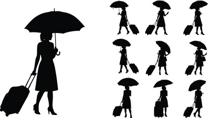 Silhouette woman traveling with umbrella and rolling suitcase, multiple walking poses illustrating journey, travel lifestyle and weather protection concepts
