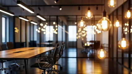 Modern and luxurious conference room interior design with warm ambient lighting from decorative edison bulbs and sleek wooden table in a contemporary office setting