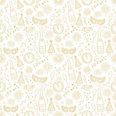 Elegant Golden New Year 2026 Line Art Pattern with Fireworks, Champagne, Masks and Festive Elements