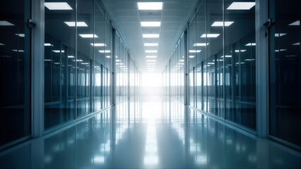 Fototapeta premium Long, bright, modern office or data center hallway with glass walls and ceiling lights creating a strong perspective and sense of future technology or corporate environment