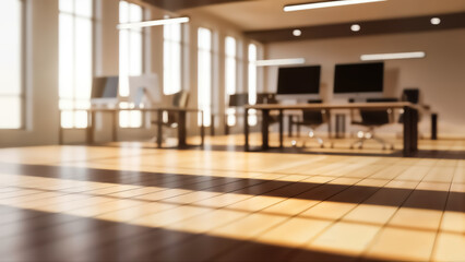 Sunlight streaming through large windows illuminates the polished wooden floor of a modern, bright, and empty office space featuring rows of desks with computer monitors in the background