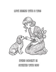 Cavalier King Charles pupy, Romantic floral dog coloring pages with women and puppies, heart backgrounds, flowers, and cute pets for adult coloring books
