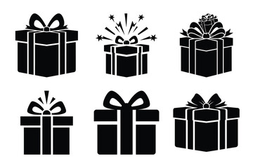 Christmas gift box surprise icon set. Vector illustration of silhouette icons.