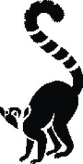Pixelated black silhouette of a lemur with ringed tail, Pixel lemur tail curled retro design