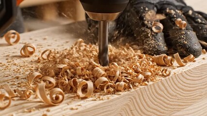 Close up of a drill bit drilling into a wooden surface