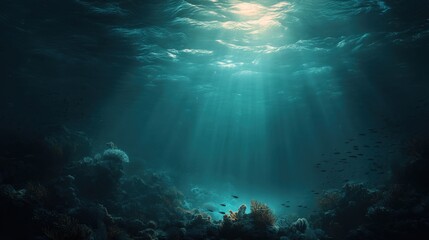 Fototapeta premium Sunlight streams through the ocean water illuminating a vibrant coral reef. Fish swim gracefully amidst the colorful corals creating a serene underwater scene.