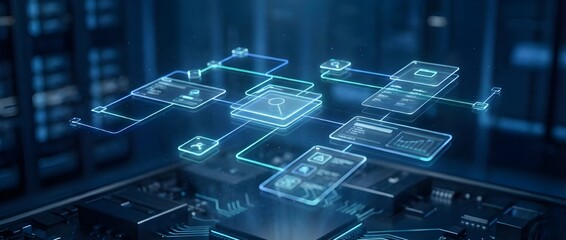 Experience cutting-edge technology and data management with this striking blue digital interface, ideal for illustrating complex systems and futuristic innovations in your projects