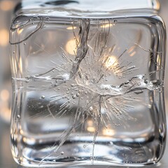 Detailed close-up of a transparent ice block with an artistic starburst crack pattern