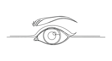 Minimalist continuous line drawing of a human eye with an eyebrow and eyelashes on a white background