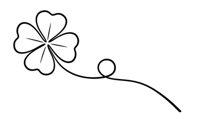 Elegant minimalist black line art drawing of a four leaf clover with a curling stem on a white background symbolizing good luck and fortune