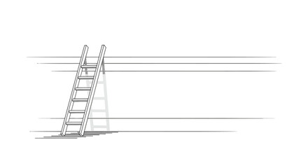 A simple black and white line drawing of a wooden ladder leaning against horizontal lines with a subtle shadow suggesting depth and space © Line Home
