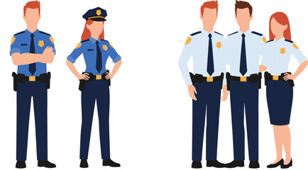 Police officer team illustration with male and female officers in uniform, standing in pairs and group composition