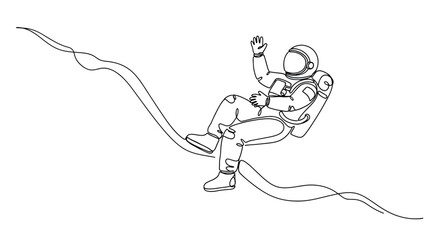 Single line drawing of a waving astronaut floating in space with a curved trajectory line