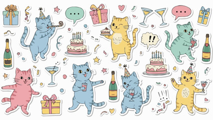 Festive Cats Celebrating with Cakes and Champagne in a Cheerful Gathering. © Meii