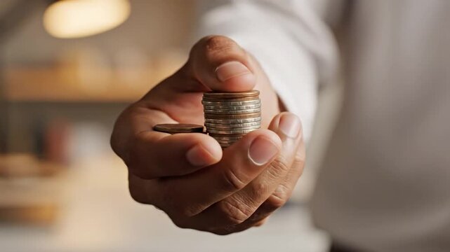 A person's hand offers a stack of coins, indicating financial transactions and wealth.
