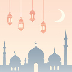 Soft Pastel Islamic Background with Mosque Silhouette, Hanging Lanterns and Crescent Moon for Ramadan and Eid