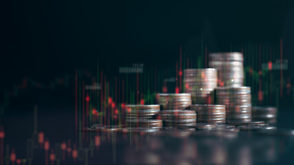 Stacks of coins set against candlestick market chart, illustrating financial growth, investment opportunities, shifting market trends modern economic environment, Stock candlestick chart background