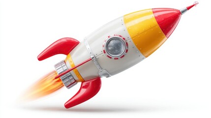 Obraz premium A rocket is flying through space with a red and yellow body. The rocket is in motion and he is heading towards a distant planet. Concept of adventure and exploration