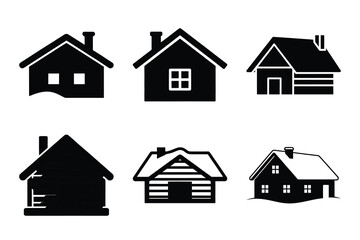 Christmas snowy cabin icon set. Vector illustration of silhouette icons.