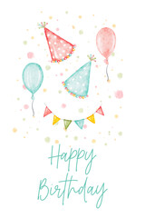 Happy birthday greeting card watercolor clip art with balloons and hats.